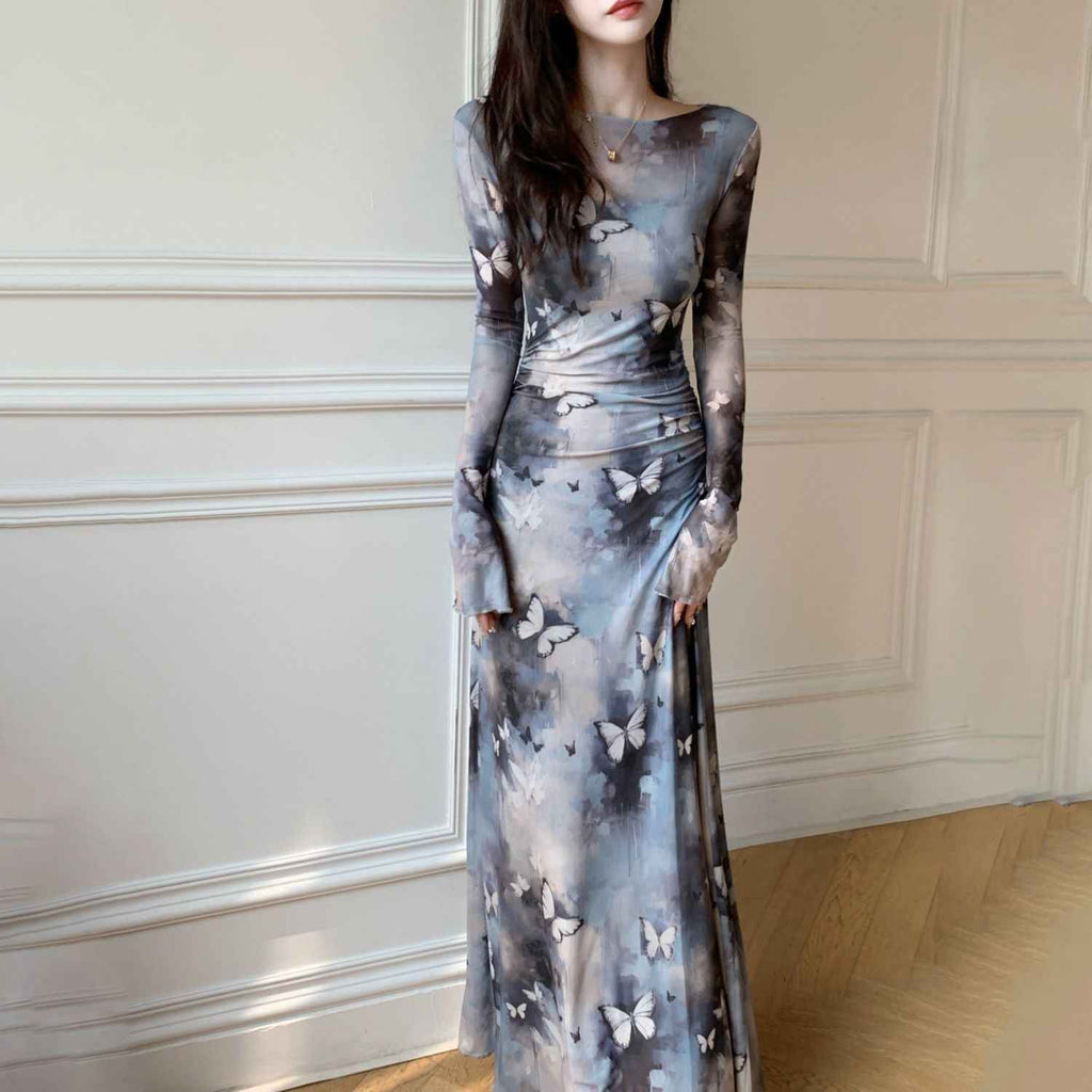 Womens Slim-Fit Casual Dress In Ink-Wash Style