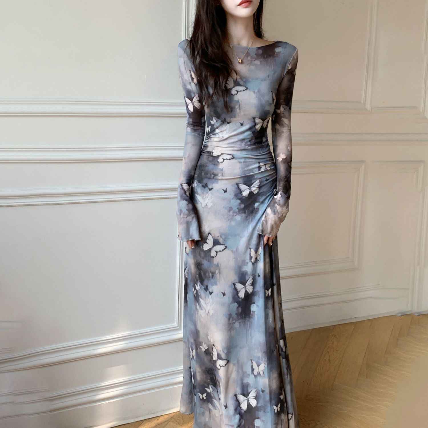 Womens Slim-Fit Casual Dress In Ink-Wash Style