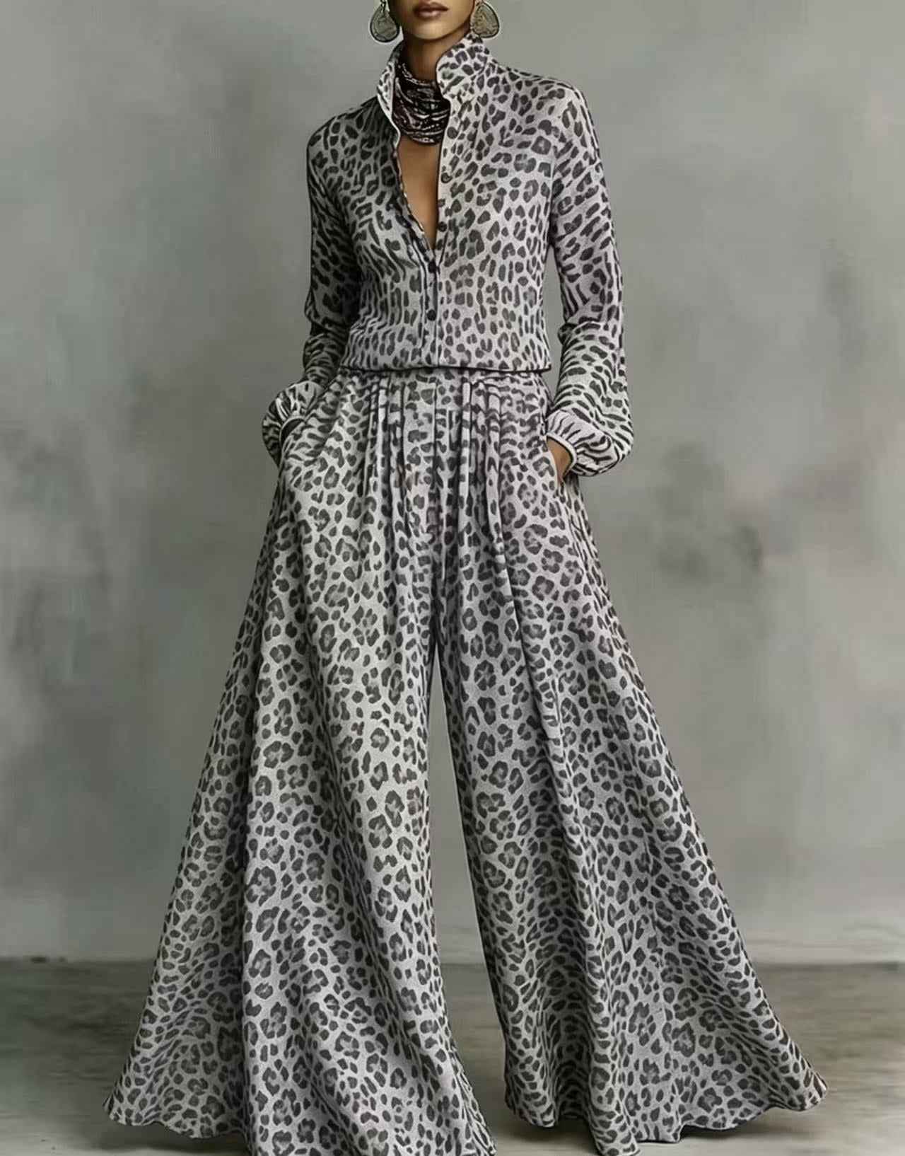 Women's Leopard Print Wide-Leg Pants & Top Set