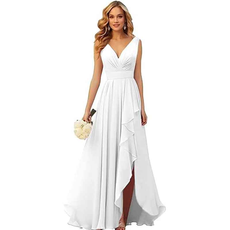 V-neck Pleated Slit Chiffon Dress With Tie Straps