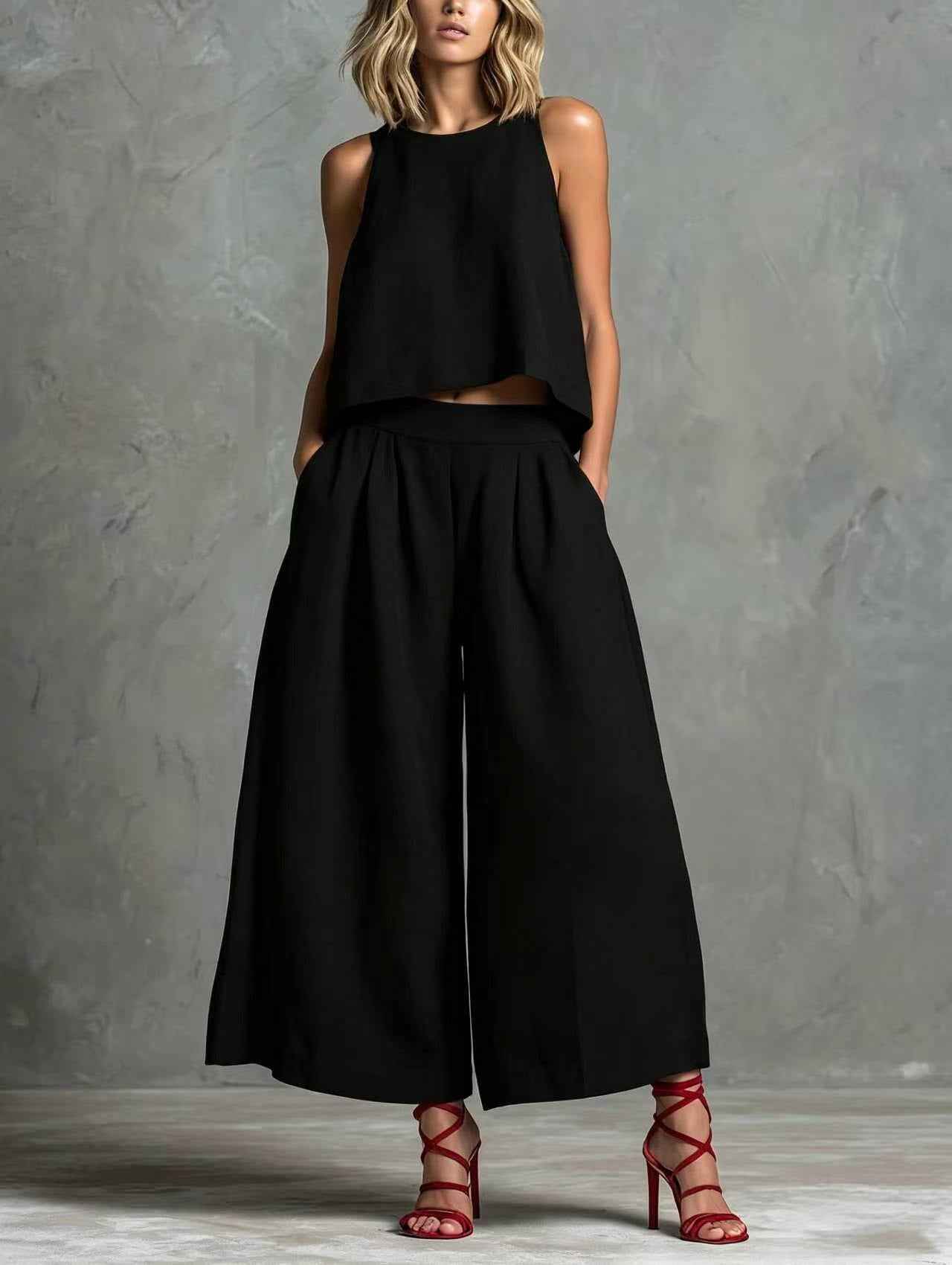 Loose Laid-back Linen Vest And Wide-leg Pants Set