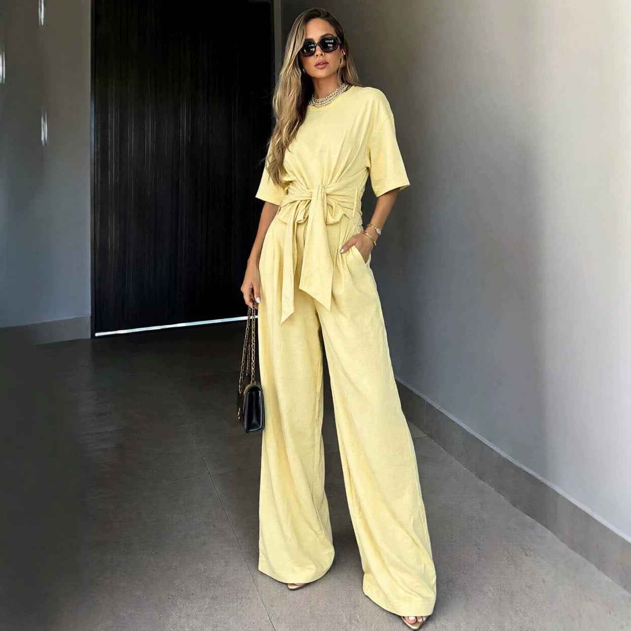 Round-neck Short-sleeve Top And Loose Wide-leg Pants Set