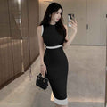 Colour-Block Sleeveless Midi Dress – High Waist Slim Fit