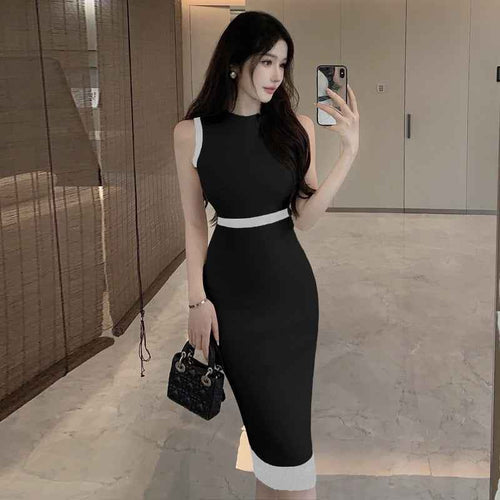 Colour-Block Sleeveless Midi Dress – High Waist Slim Fit
