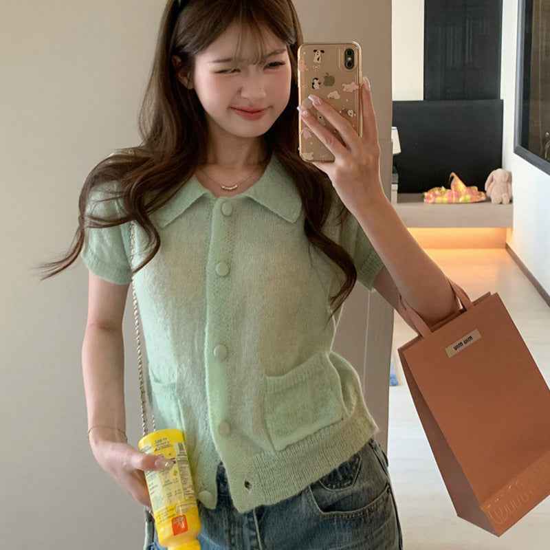 Slim-Fit Lapel Knitted Short-Sleeve Cardigan Top