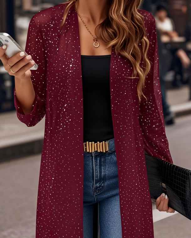 Elegant Semi-sheer Long Cardigan With Shimmering Mesh Detailing For Women