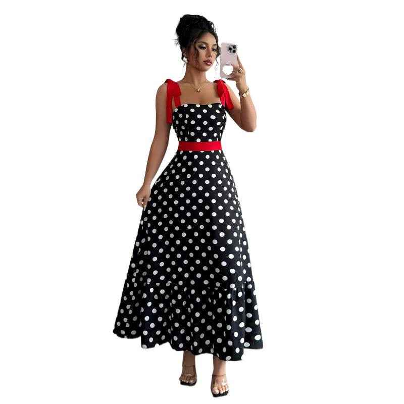 Women's Polka Dot Sleeveless A-Line Maxi Dress — Bow Detail & Color Block