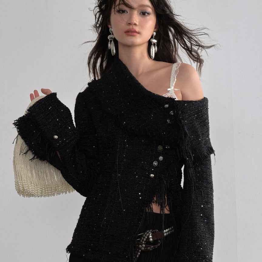 Slanted Front Jacket – Metal Button Detail, Long Sleeve, Black