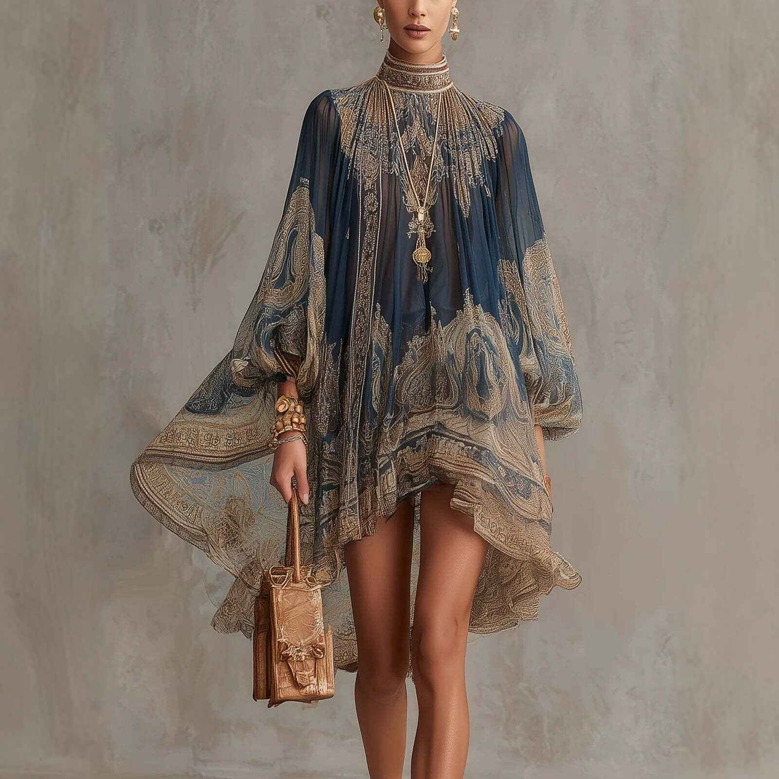 European And American-style High-neck Printed Chiffon Dress