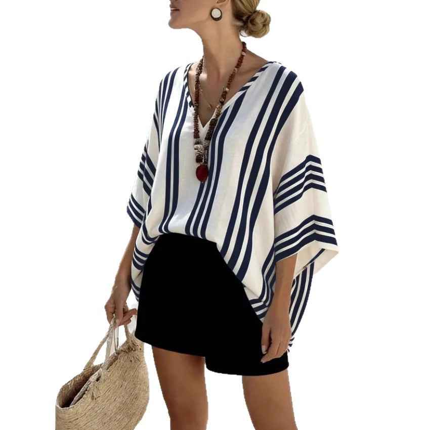 Striped Batwing-Sleeve Loose-Fit Top