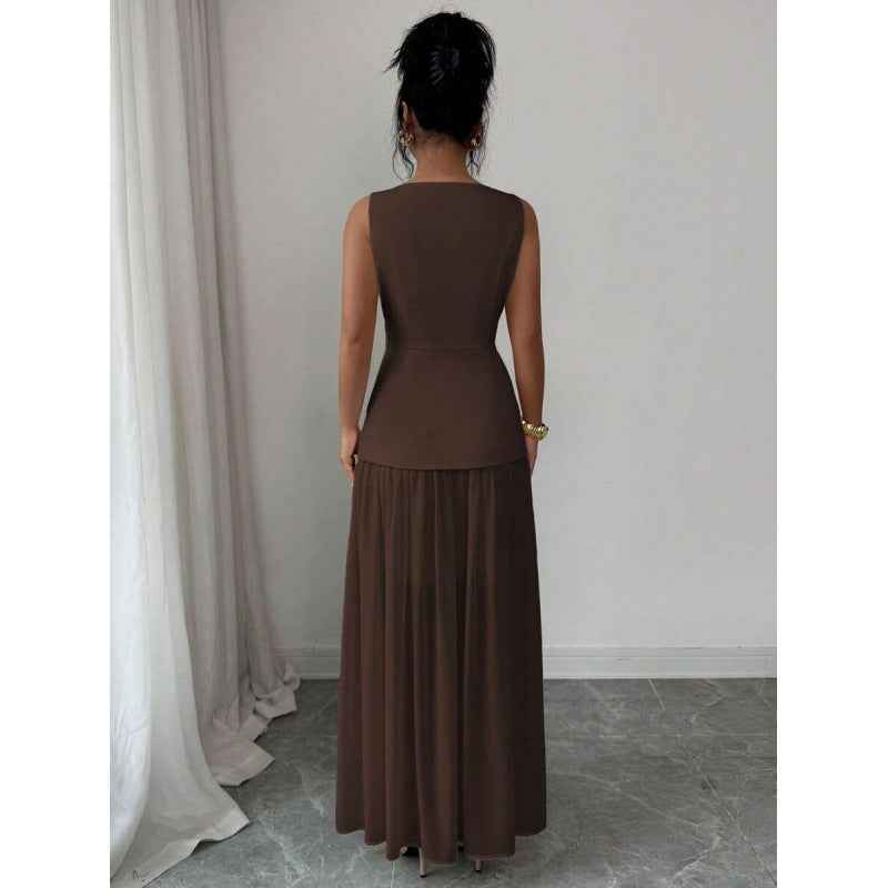 Colour-Block Sleeveless A-Line Midi Dress – High Waist Boat Neck