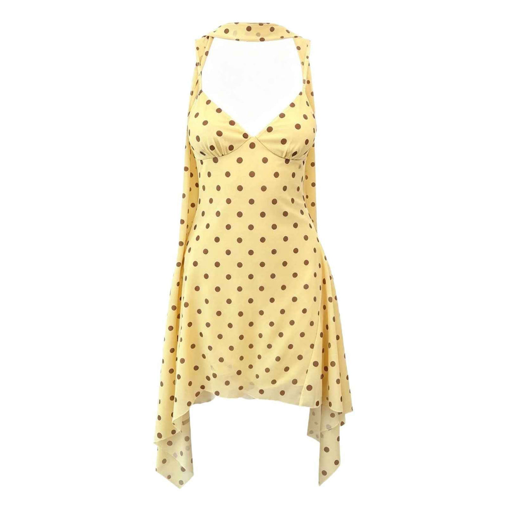 New Strap Halter Dress With Ribbon And Polka-dot Print For Women