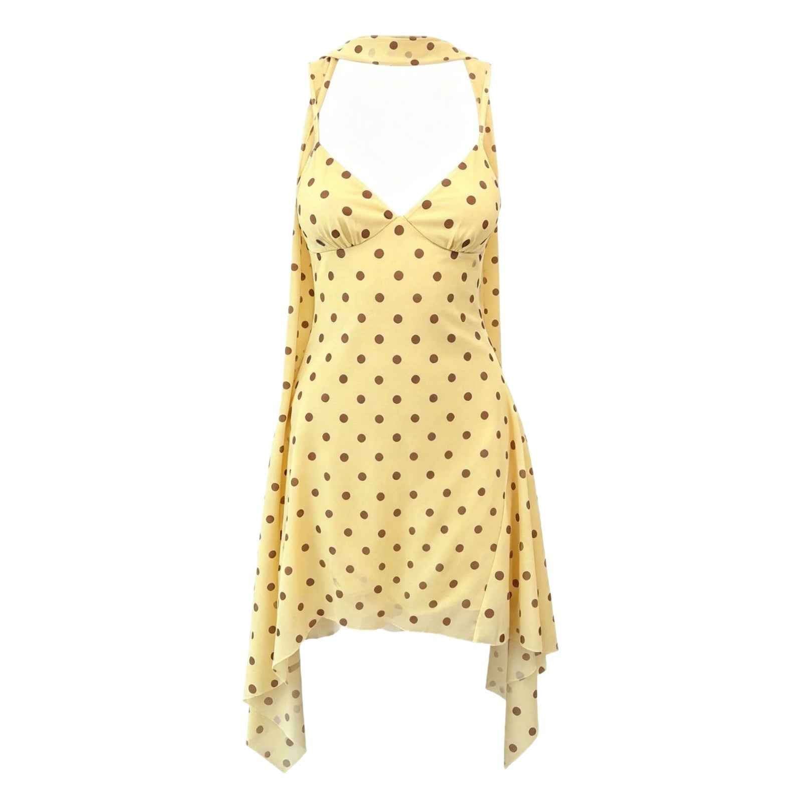 New Strap Halter Dress With Ribbon And Polka-dot Print For Women
