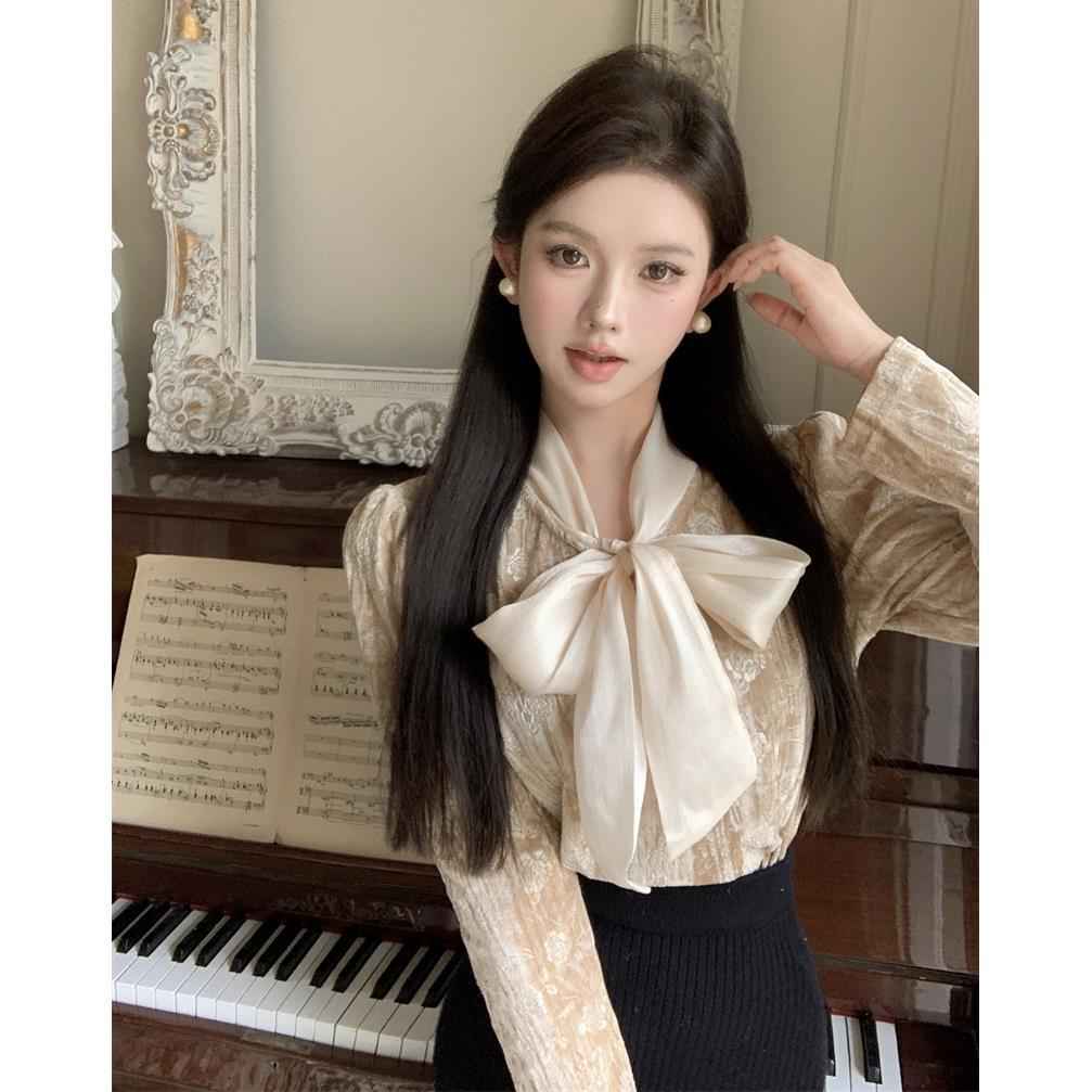 French-Style Bow-Tie Lace-Up Soft Satin Long-Sleeve Shirt