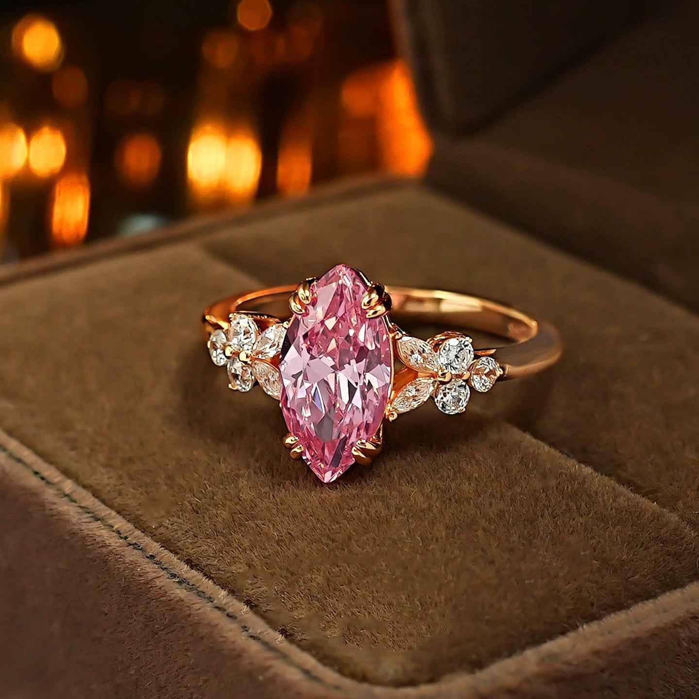 Elegant Padparadscha Sakura Hue Marquise Ring, Ice Flower Cut High Carbon CZ Open Adjustable Wedding Band For Ladies
