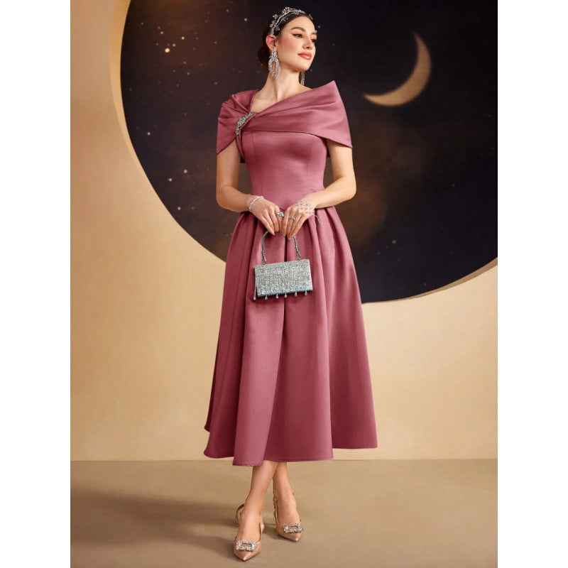 Asymmetric Diamond-Embellished Short-Sleeve Dress — Slim Fit, Elegant