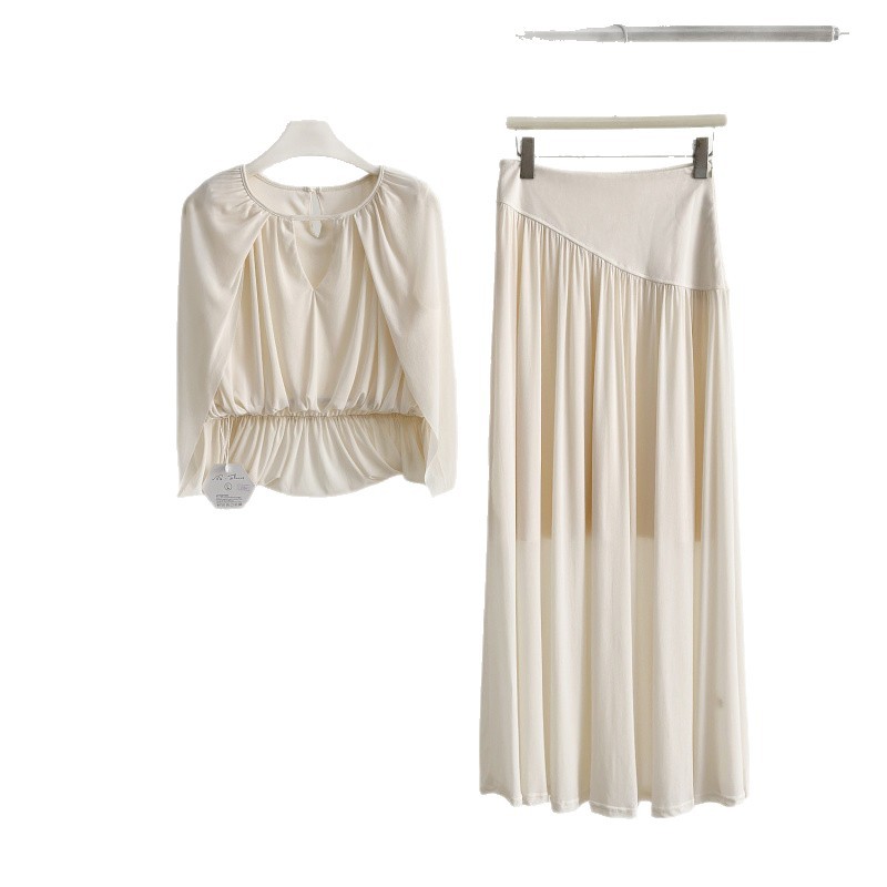 Puff-Sleeve Top & Floor-Length Pleated A-Line Skirt Set