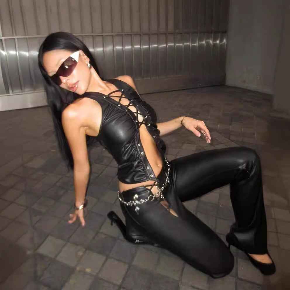 PU Leather Sleeveless Top – Rivet Strap Strapless Vest