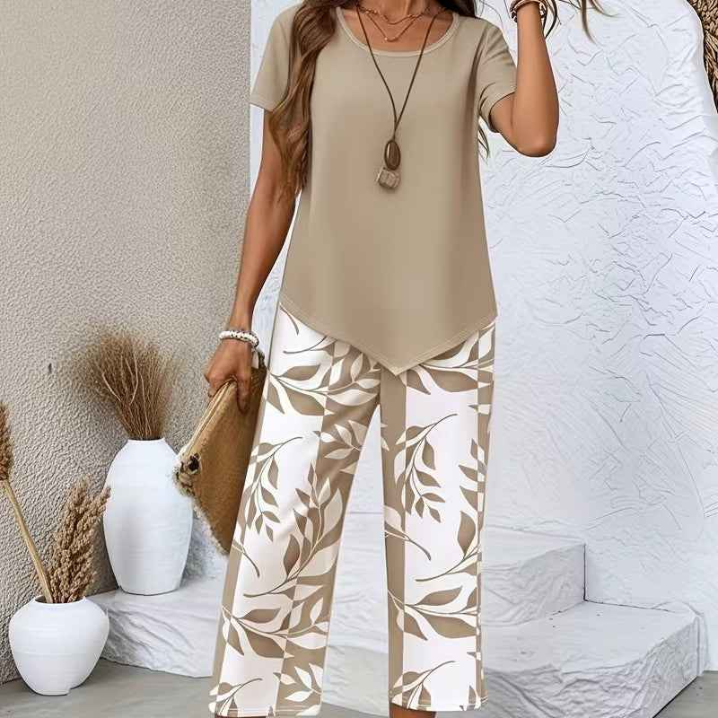 Women's Geometric Print Short Sleeve Top & Wide-Leg Trousers Set