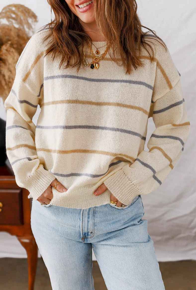 Contrast-Colour Striped Patchwork Loose Pullover Sweater