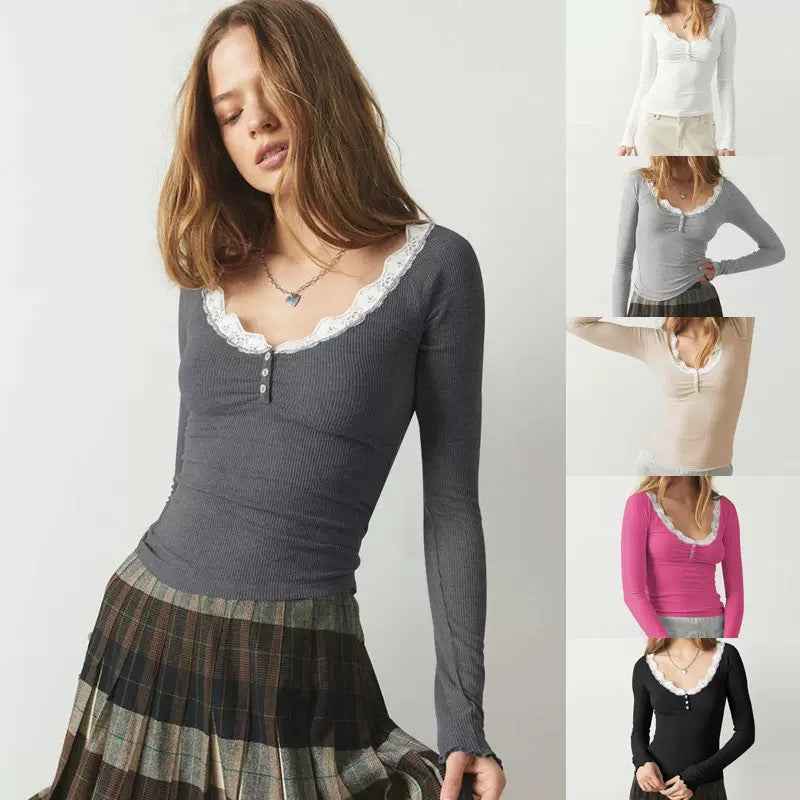 Lace-Panel Long-Sleeve Top – Slim Fit, Cotton, Sweet Style