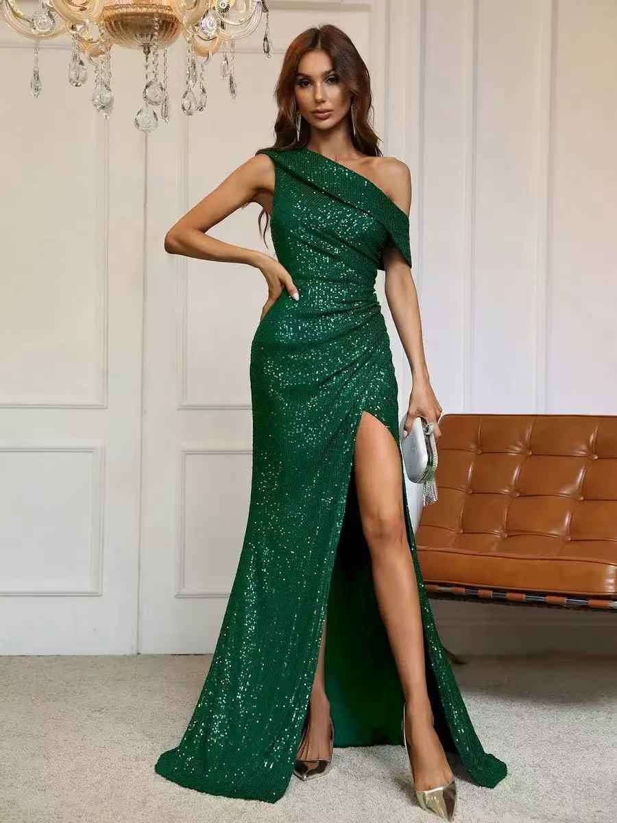 One-Shoulder Sequin Evening Gown – High Slit Maxi for Women