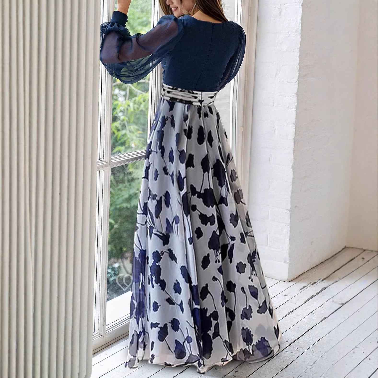 Women's Floral Print Puff Sleeve A-Line Midi Dress — High Waist & Flared