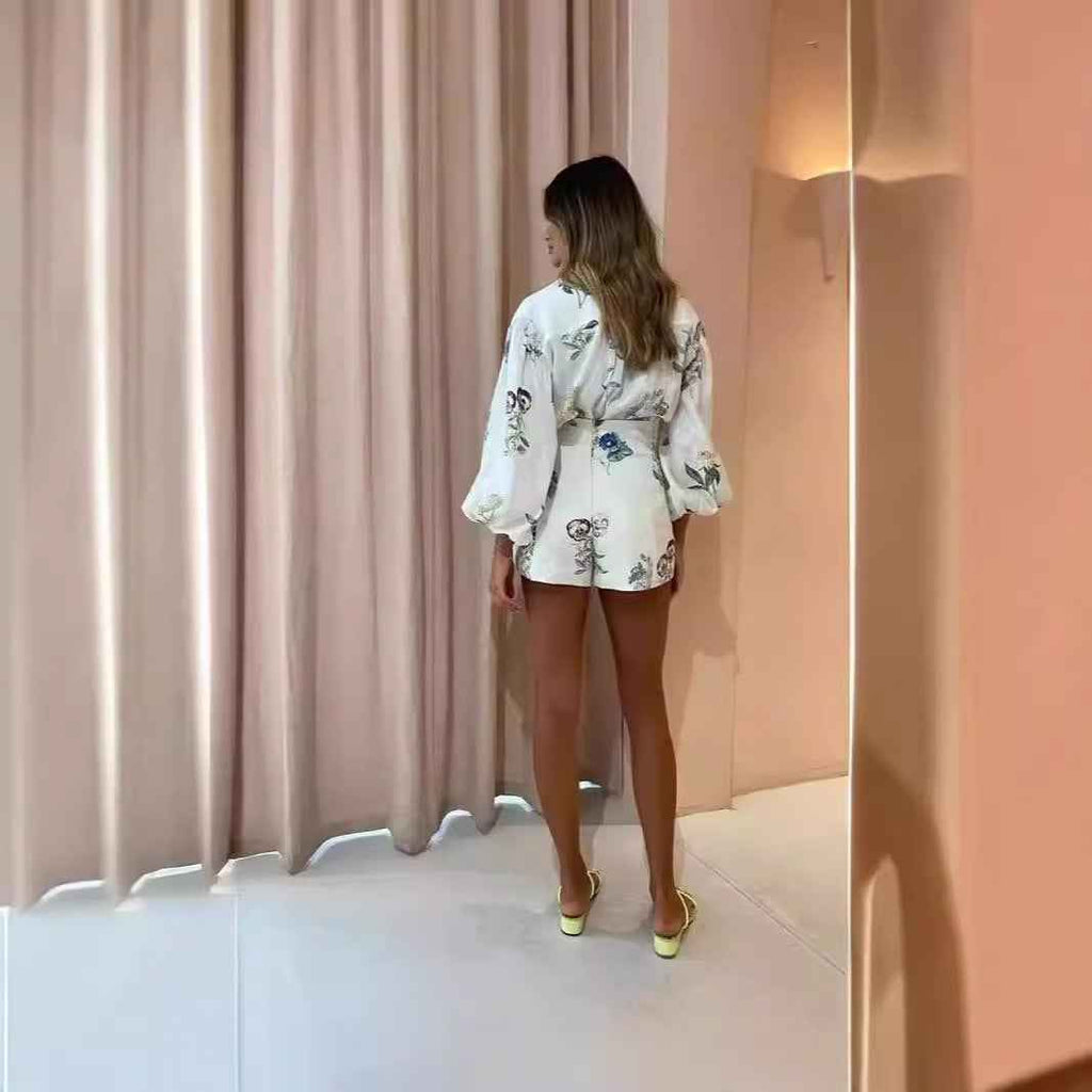 High-waisted Shorts Fashionable Blouse Linen Print Casual Chic Set