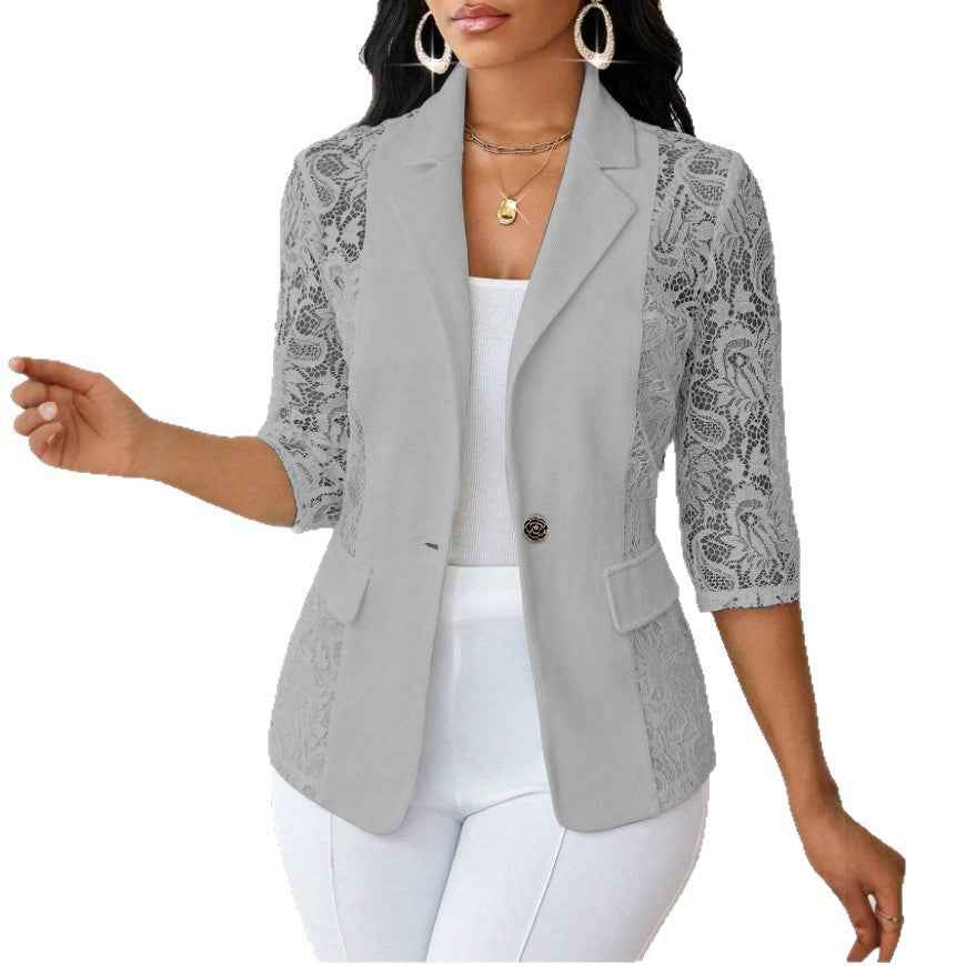 Women's Chiffon Blazer Top – Three-Quarter Sleeve Button Detail