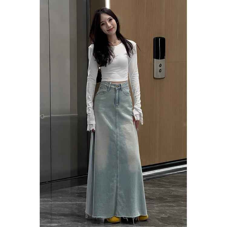 Women's High-Waist Washed Denim Skirt — Straight Leg, Cropped, Retro Blue
