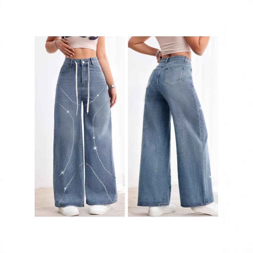 Women's Vintage Washed High-Waist Straight-Leg Denim Jeans with Lace-Up & Beadwork