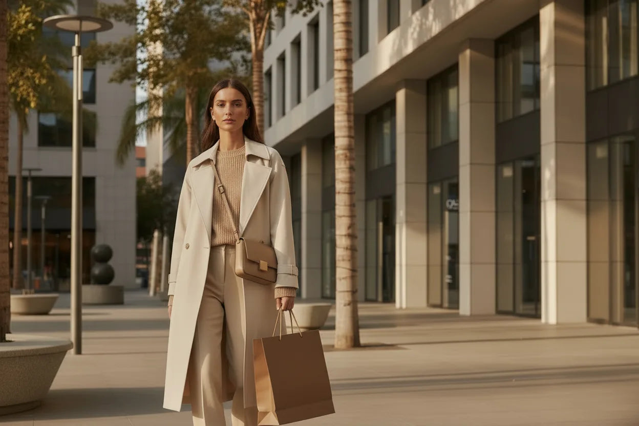 Woman in Beige Trench Coat with Shopping Bag - Women's Fashion